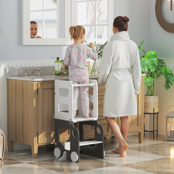 AIYAPLAY Scala Montessori 4 in 1 per Bambini con 2 Lavagne e Set Tavolo e Sedia, in Legno, 58x46x92 cm, Bianco | Aosom Italy