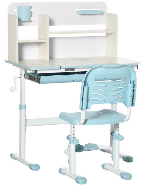 HOMCOM Set Scrivania e Sedia per Bambini da 3 Anni Regolabile, Tavolo Inclinabile a 60° con Cassetto e Ripiani, Blu | Aosom Italy
