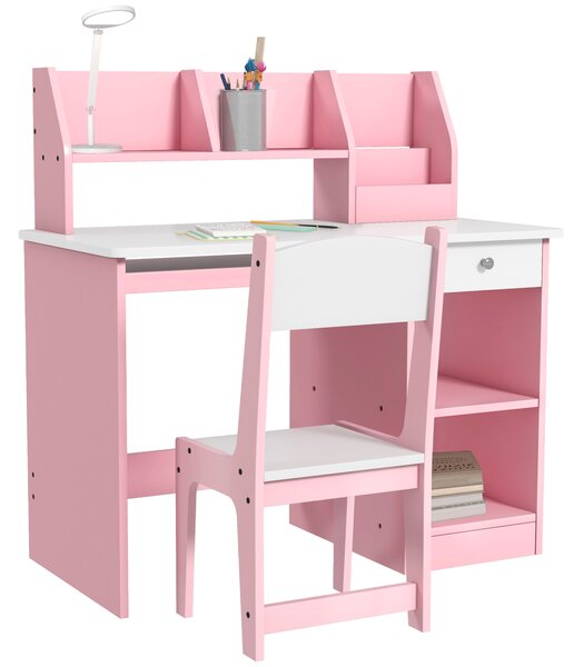 ZONEKIZ Tavolo Scrivania per Bambini 5-8 Anni con Sedia, Scaffale, Mensola Estraibile e Cassetto, Rosa | Aosom Italy