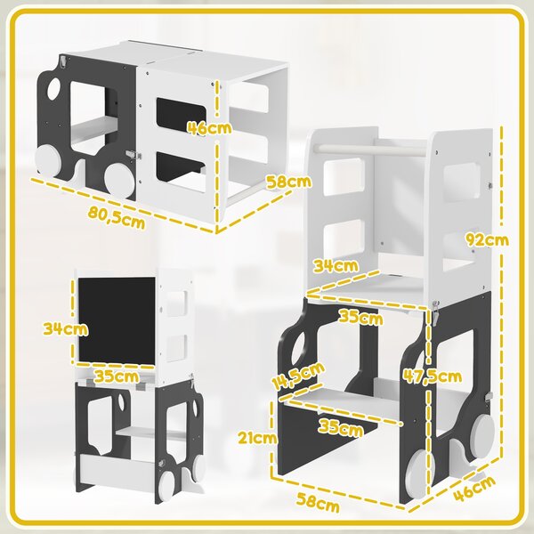 AIYAPLAY Scala Montessori 4 in 1 per Bambini con 2 Lavagne e Set Tavolo e Sedia, in Legno, 58x46x92 cm, Bianco | Aosom Italy