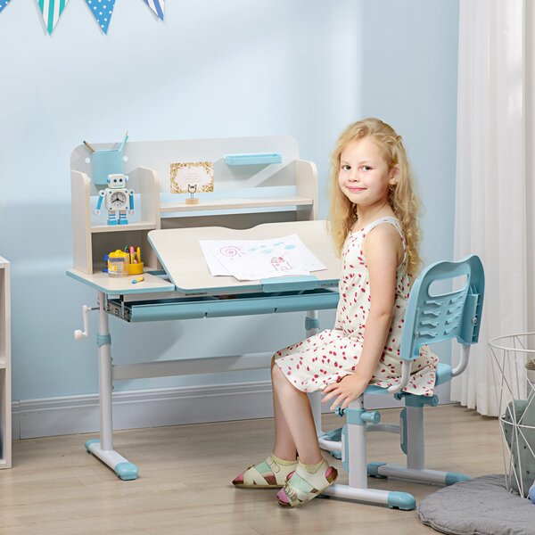HOMCOM Set Scrivania e Sedia per Bambini da 3 Anni Regolabile, Tavolo Inclinabile a 60° con Cassetto e Ripiani, Blu | Aosom Italy