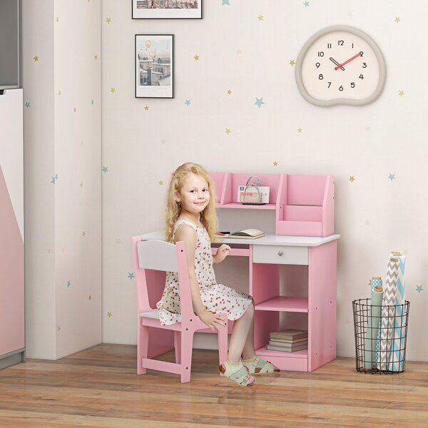 ZONEKIZ Tavolo Scrivania per Bambini 5-8 Anni con Sedia, Scaffale, Mensola Estraibile e Cassetto, Rosa | Aosom Italy