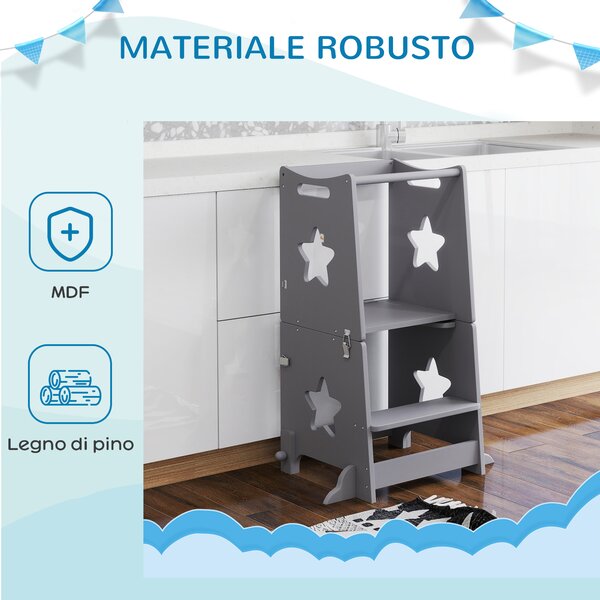 AIYAPLAY Scala Montessori Convertibile in Set Tavolo e Sedie con Barra di Sicurezza, in Legno, 60x44.5x86 cm, Grigio | Aosom Italy