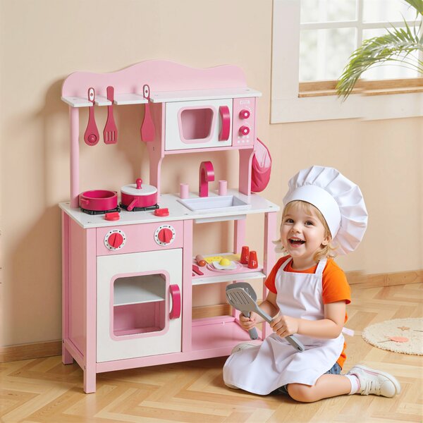 AIYAPLAY Cucina Giocattolo per Bambini 3+ Anni con Microonde, Piano Cottura e Lavandino, in Legno, 55x24x86 cm, Rosa | Aosom Italy