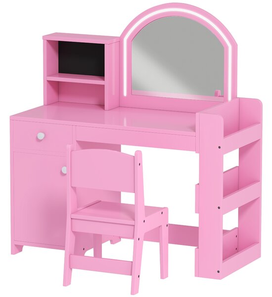 AIYAPLAY Set Toeletta Trucco per Bambini 2 in 1 con Specchio, Sedia, Luce LED, Armadietto, Scaffali e Libreria, Rosa | Aosom Italy