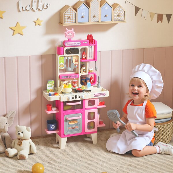AIYAPLAY Cucina Giocattolo per Bambini 3-6 Anni con 104 Accessori, in PP, PE e ABS, 52.5x22x100 cm, Rosa | Aosom Italy