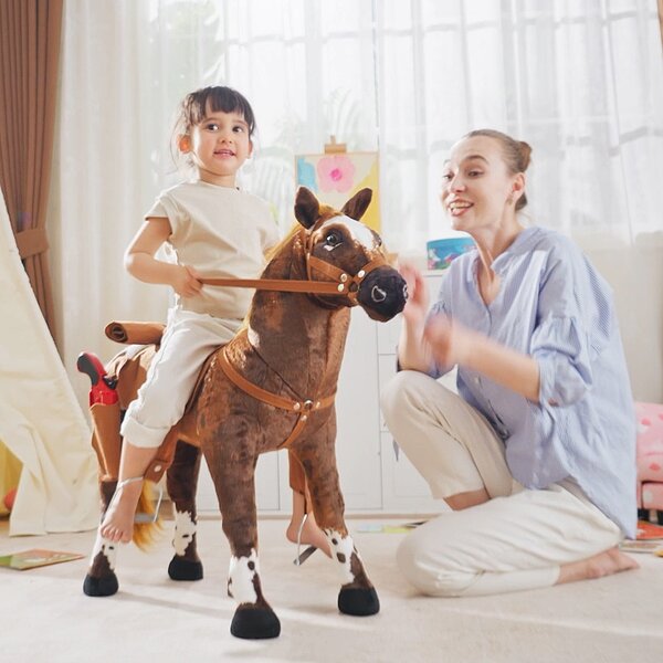 HOMCOM Cavallo a Dondolo per Bambini 2+ Anni con Nitrito, Sella e Staffe, in Peluche e Metallo, 85x28x60 cm, Marrone | Aosom Italy