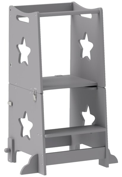 AIYAPLAY Scala Montessori Convertibile in Set Tavolo e Sedie con Barra di Sicurezza, in Legno, 60x44.5x86 cm, Grigio | Aosom Italy