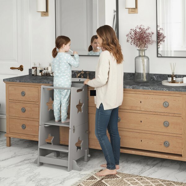 AIYAPLAY Scala Montessori Convertibile in Set Tavolo e Sedie con Barra di Sicurezza, in Legno, 60x44.5x86 cm, Grigio | Aosom Italy