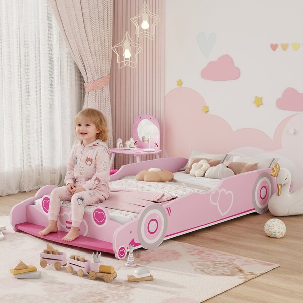 AIYAPLAY Letto per Bambini da 3-5 Anni a Forma di Macchina con Sponde Rialzate di Sicurezza, 140x70 cm, Rosa | Aosom Italy
