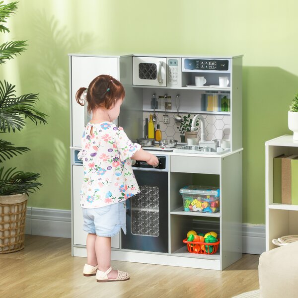 AIYAPLAY Set Cucina Giocattolo in Legno con Fornello con Luci e Suoni, Lavello con Circolo d'Acqua e Accessori, Bianco | Aosom Italy