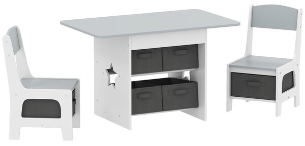 AIYAPLAY Set Tavolo e Sedie per Bambini 3-8 Anni con 6 Cassetti e Bordi Arrotondati, in Legno e Tessuto, Grigio e Bianco | Aosom Italy