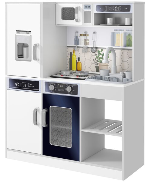 AIYAPLAY Set Cucina Giocattolo in Legno con Fornello con Luci e Suoni, Lavello con Circolo d'Acqua e Accessori, Bianco | Aosom Italy
