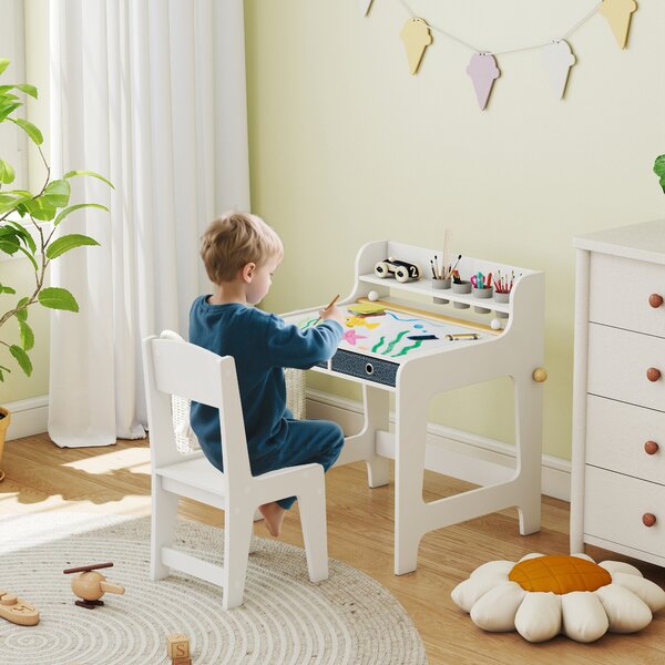 AIYAPLAY Set Scrivania e Sedia per Bambini con Ripiano, Portabicchieri, Cassetti, Ragazzi in Legno per Cameretta | Aosom Italy
