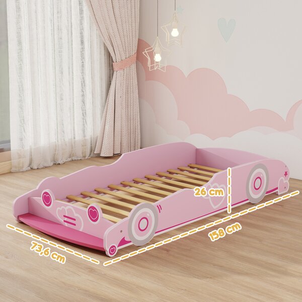 AIYAPLAY Letto per Bambini da 3-5 Anni a Forma di Macchina con Sponde Rialzate di Sicurezza, 140x70 cm, Rosa | Aosom Italy