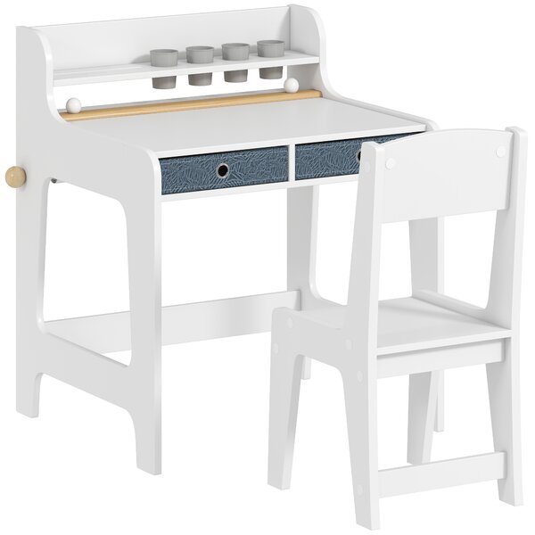 AIYAPLAY Set Scrivania e Sedia per Bambini con Ripiano, Portabicchieri, Cassetti, Ragazzi in Legno per Cameretta | Aosom Italy