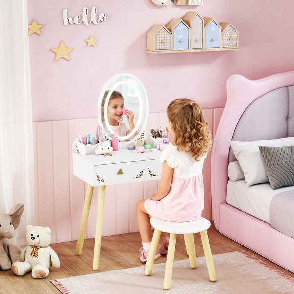 AIYAPLAY Set Toeletta per Bambini da 3 Anni con Specchio Illuminato e Sgabello, 2 Cassetti e 2 Scatole, Bianco | Aosom Italy
