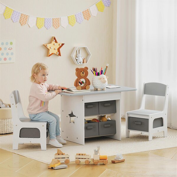 AIYAPLAY Set Tavolo e Sedie per Bambini 3-8 Anni con 6 Cassetti e Bordi Arrotondati, in Legno e Tessuto, Grigio e Bianco | Aosom Italy