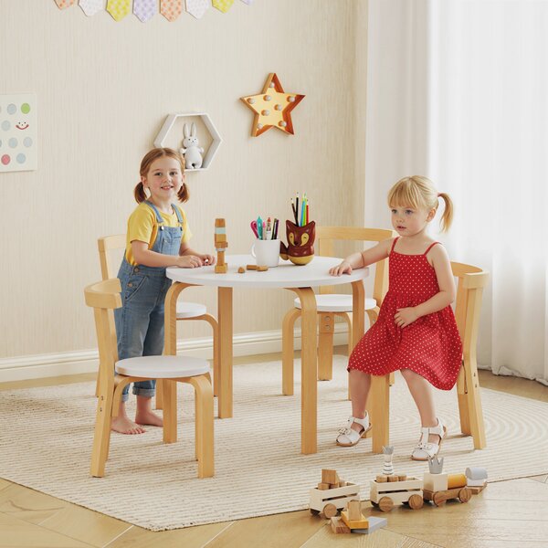 AIYAPLAY Set Tavolo e Sedie per Bambini 3-8 Anni 5 pz con Bordi Arrotondati in Legno Bianco | Aosom Italy