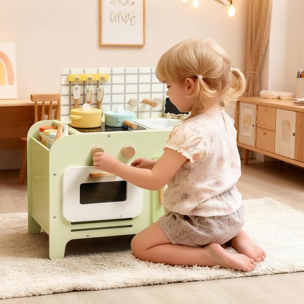 AIYAPLAY Set Cucina Giocattolo in Legno per Bambini da 3+ Anni con 15 Accessori, Verde | Aosom Italy