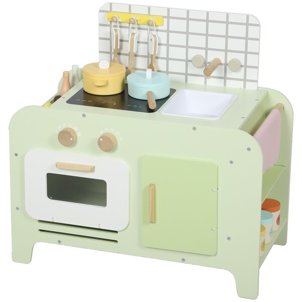 AIYAPLAY Set Cucina Giocattolo in Legno per Bambini da 3+ Anni con 15 Accessori, Verde | Aosom Italy