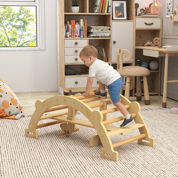 AIYAPLAY Arco Montessori in Legno per Bambini 2-4 Anni Convertibile in Dondolo 110x52x45 cm, color Legno | Aosom Italy