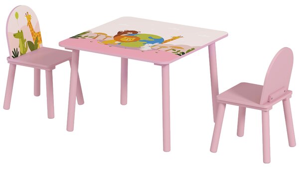 AIYAPLAY Set Tavolo e Sedie per Bambini 3-8 Anni con Motivi Animali e Bordi Arrotondati, in MDF e Legno di Pino Rosa | Aosom Italy
