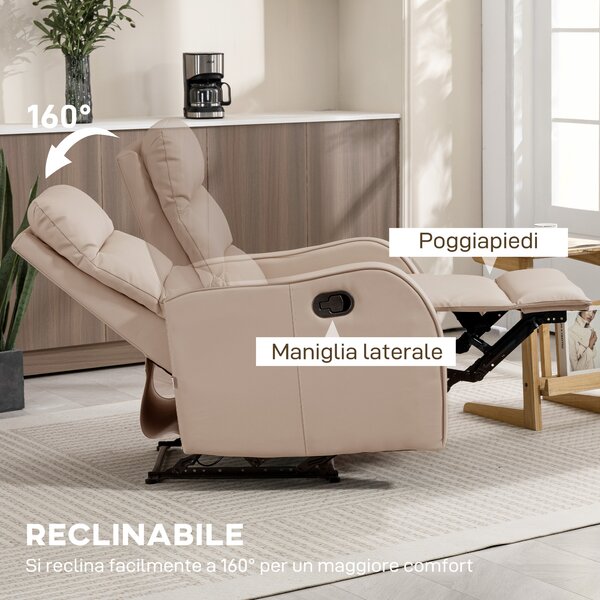 HOMCOM Poltrona Relax Manuale con Poggiapiedi e Reclinazione fino a 160°, Sedia in PU, 65x89x100cm, Marrone Chiaro | Aosom Italy