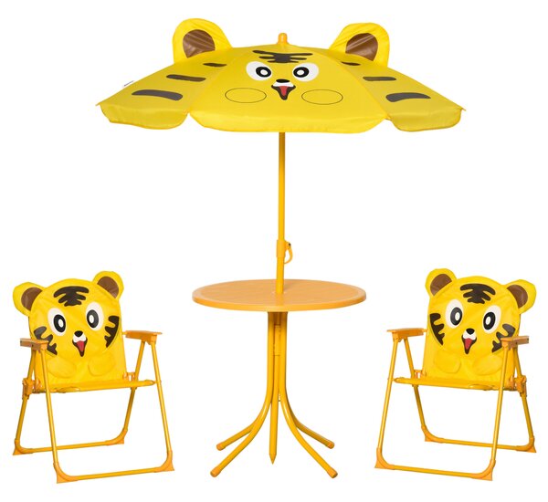 Outsunny Set da Giardino 4 Pezzi per Bambini con Tavolino Rotondo, 2 Sedie Pieghevoli e un Ombrellone Regolabile, Giallo | Aosom Italy