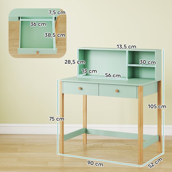 AIYAPLAY Scrivania per Bambini 5-12 Ani con 3 Ripiani e 2 Cassetti, in Legno, 90x52x105 cm, Verde | Aosom Italy