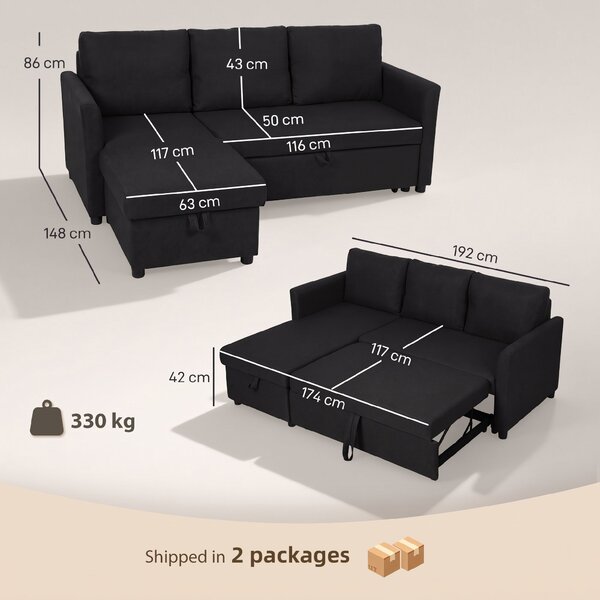 HOMCOM Divano Letto Angolare Effetto Lino con Vano Portaoggetti a Scomparsa, 192x148x86 cm, Grigio Antracite | Aosom Italy