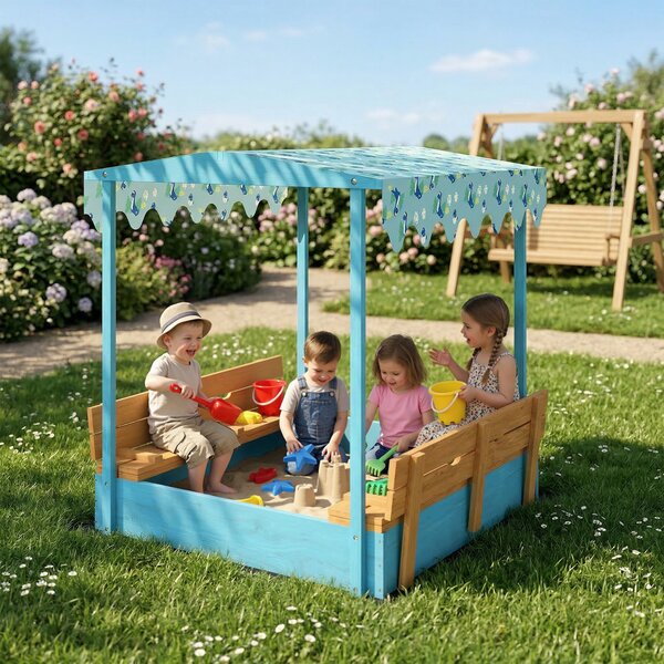 AIYAPLAY Sabbiera per Bambini 3-6 Anni con Tettuccio Dinosauri, Sedute Pieghevoli, Coperchio e Fodera Inclusa, Sabbionaia per Bambini in Legno di Abete, 134.5x127.5x130 cm, Blu | Aosom Italy