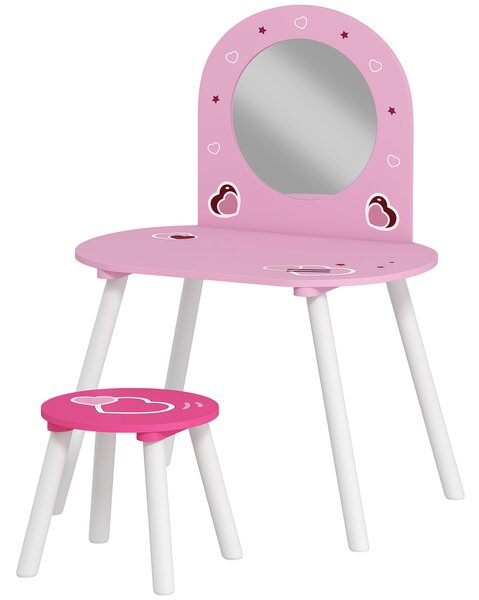 AIYAPLAY Set Toeletta Trucco Bambina 3-6 Anni con Sgabello, Specchio Infrangibile, Design con Cuori, Rosa | Aosom Italy