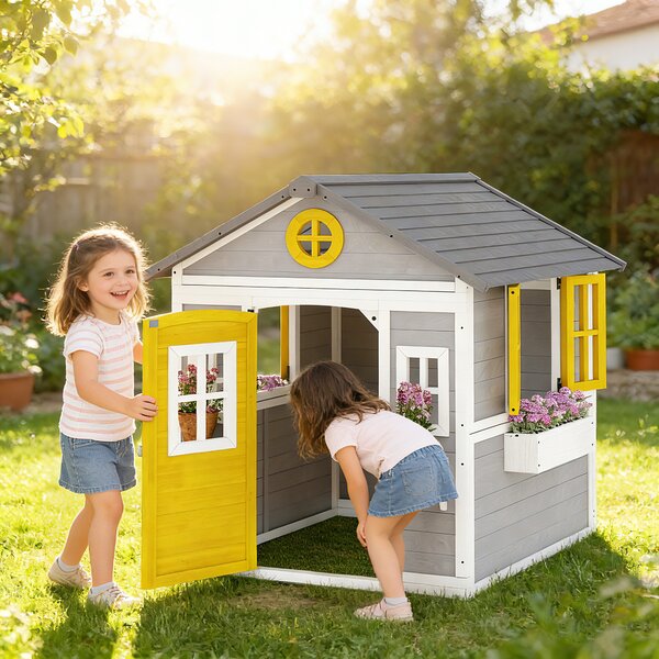 Outsunny Casetta da Giardino in Legno per Bambini 3-8 Anni con Finestre, Tetto Inclinato, Vasi e Fioriere, Grigio | Aosom Italy