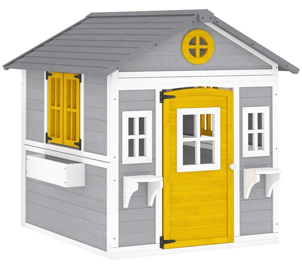 Outsunny Casetta da Giardino in Legno per Bambini 3-8 Anni con Finestre, Tetto Inclinato, Vasi e Fioriere, Grigio | Aosom Italy