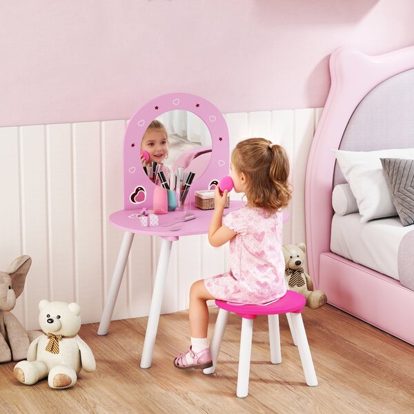 AIYAPLAY Set Toeletta Trucco Bambina 3-6 Anni con Sgabello, Specchio Infrangibile, Design con Cuori, Rosa | Aosom Italy