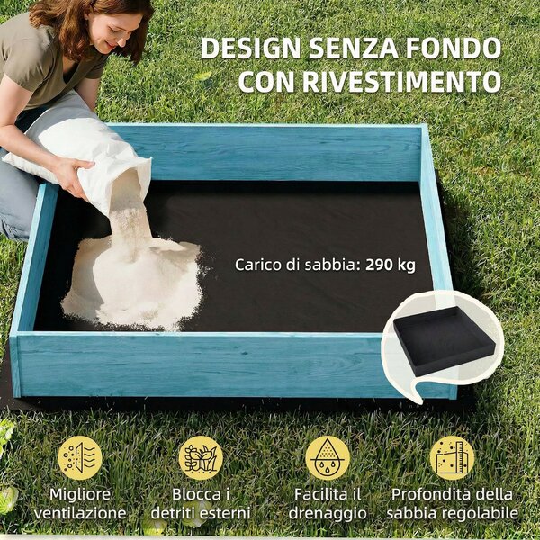 AIYAPLAY Sabbiera per Bambini 3-6 Anni con Tettuccio Dinosauri, Sedute Pieghevoli, Coperchio e Fodera Inclusa, Sabbionaia per Bambini in Legno di Abete, 134.5x127.5x130 cm, Blu | Aosom Italy
