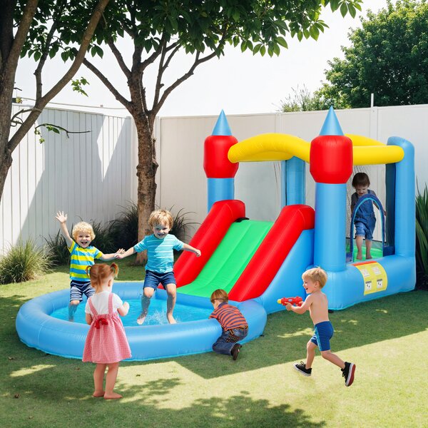 AIYAPLAY Castello Gonfiabile Trampolino 4 in 1, Scivolo, 415x205x190cm, Multicolore | Aosom Italy