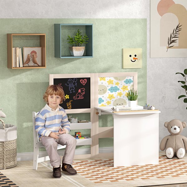 AIYAPLAY Set Tavolo e Sedia per Bambini 3-8 Anni con Lavagna Nera, Lavagna Bianca, Contenitori e Rotolo di Carta, Bianco | Aosom Italy