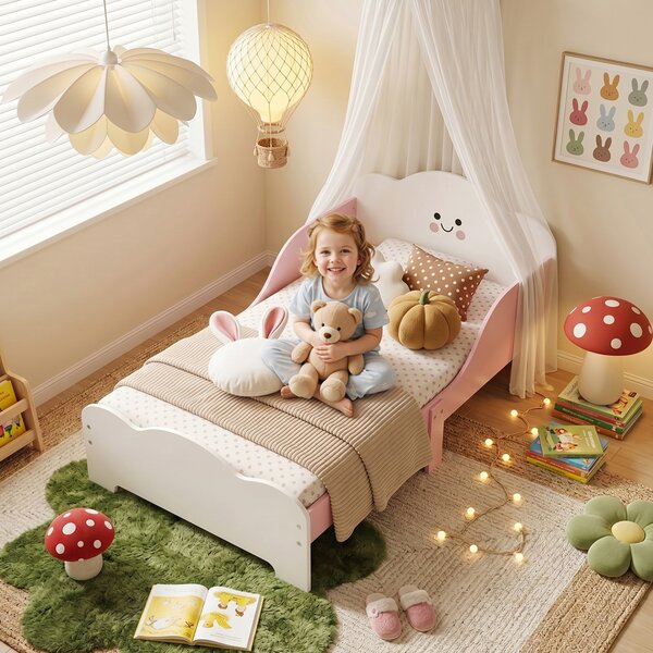AIYAPLAY Letto Montessori per Bambini 3-6 Anni in Legno con Bordi Rialzati e Stampe Carine, per Cameretta, Rosa | Aosom Italy