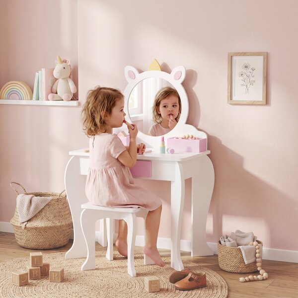 ZONEKIZ Set Toeletta Trucco Bambina con Sgabello, Postazione Trucco in Legno con Specchio Rotondo in Acrilico, 2 Scatole Portaoggetti, Design Unicorno, Tavolo Trucco per Bimbi 3-6 Anni, Rosa | Aosom Italy