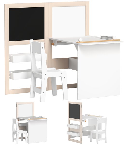 AIYAPLAY Set Tavolo e Sedia per Bambini 3-8 Anni con Lavagna Nera, Lavagna Bianca, Contenitori e Rotolo di Carta, Bianco | Aosom Italy