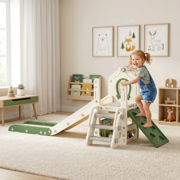 AIYAPLAY Scivolo per Bambini 1-3 Anni con Arrampicata, Canestro, Spazio Portaoggetti e Gradini antiscivolo, Crema | Aosom Italy