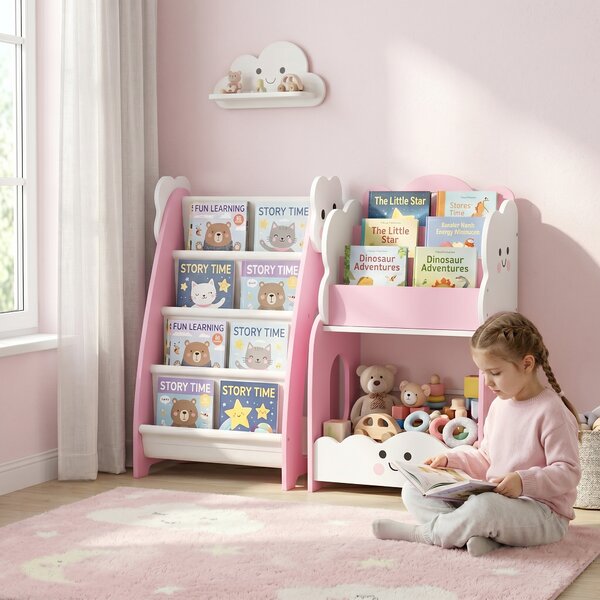 AIYAPLAY Libreria Bambini 3-in-1 con 4 Scomparti e 3 Ripiani, Comodino per Cameretta, Rosa | Aosom Italy