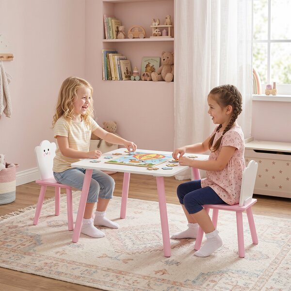 AIYAPLAY Set Tavolo e 2 Sedie per Bambini 3-6 Anni in Legno con Angoli Arrotondati, Tema Zucchero Filato, Rosa | Aosom Italy