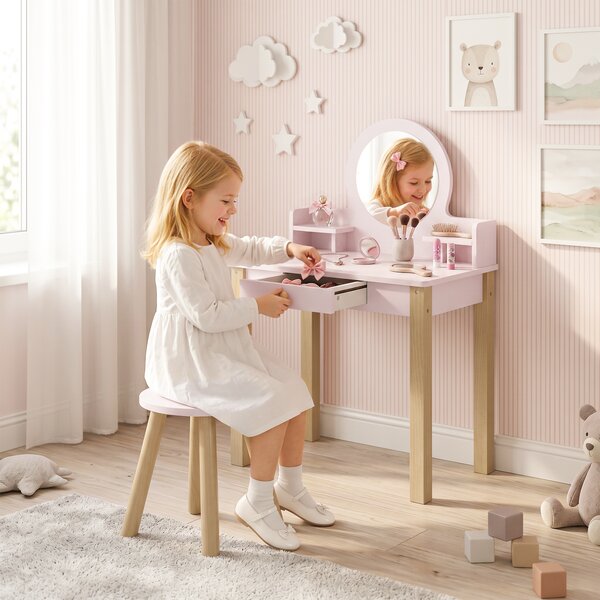 AIYAPLAY Set Toeletta Trucco Bambina con Sgabello, Specchio, Cassetto, in Legno di Pino e MDF, Età 3-6 Anni, Rosa | Aosom Italy