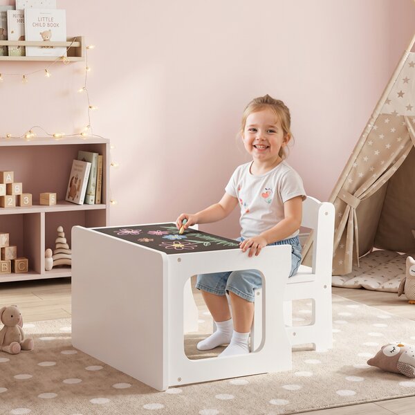 AIYAPLAY Set Tavolo e Sedia per Bambini 3-6 Anni con Piano Reversibile e Angoli Arrotondati, in Legno, Bianco | Aosom Italy