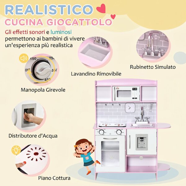 HOMCOM Cucina Giocattolo per Bambini con Fornelli, Luci e Suoni, Microonde, Età 3-6 Anni, Rosa | Aosom Italy