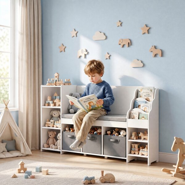 AIYAPLAY Scaffale Portagiochi per Bambini 3-8 Anni con Libreria a 3 Livelli, 3 Cassetti, 4 Scomparti, Cuscino, Bianco | Aosom Italy