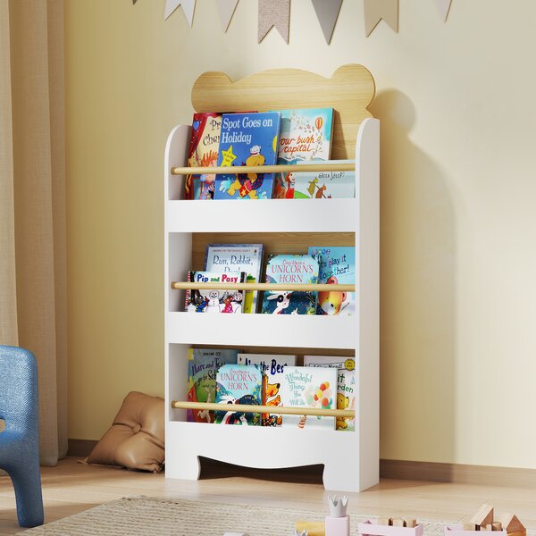 AIYAPLAY Libreria per Bambini con 3 Ripiani a Forma di Orsetto con Barriere Frontali, 55x15x110 cm, Color Legno | Aosom Italy